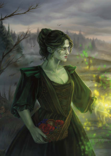Woman in a green cloak with glowing green energy in a misty landscape