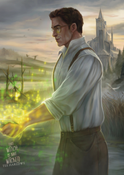 Man in a white shirt and suspenders with green energy in a fantasy setting