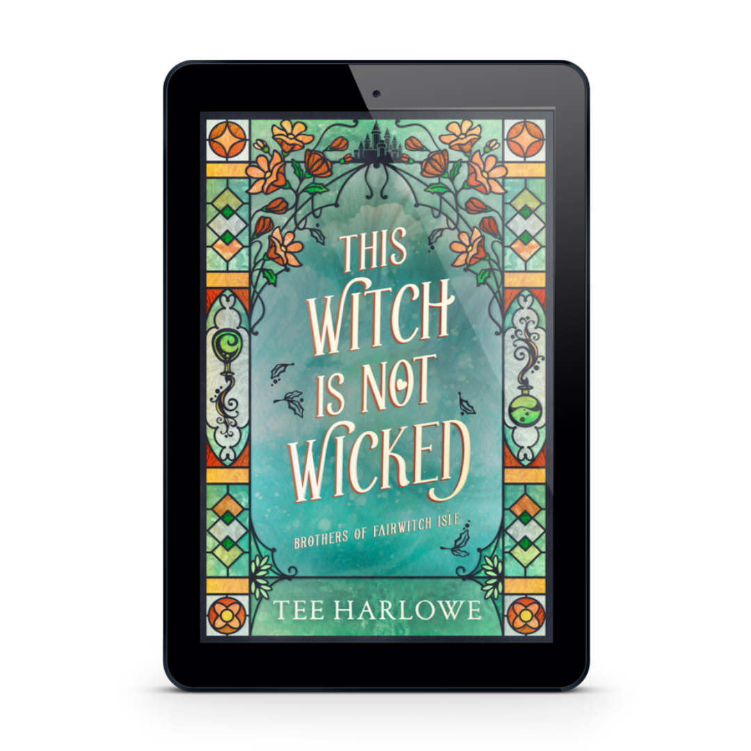 E-reader displaying the book cover of 'This Witch is Not Wicked' by Tee Harlowe on a white background