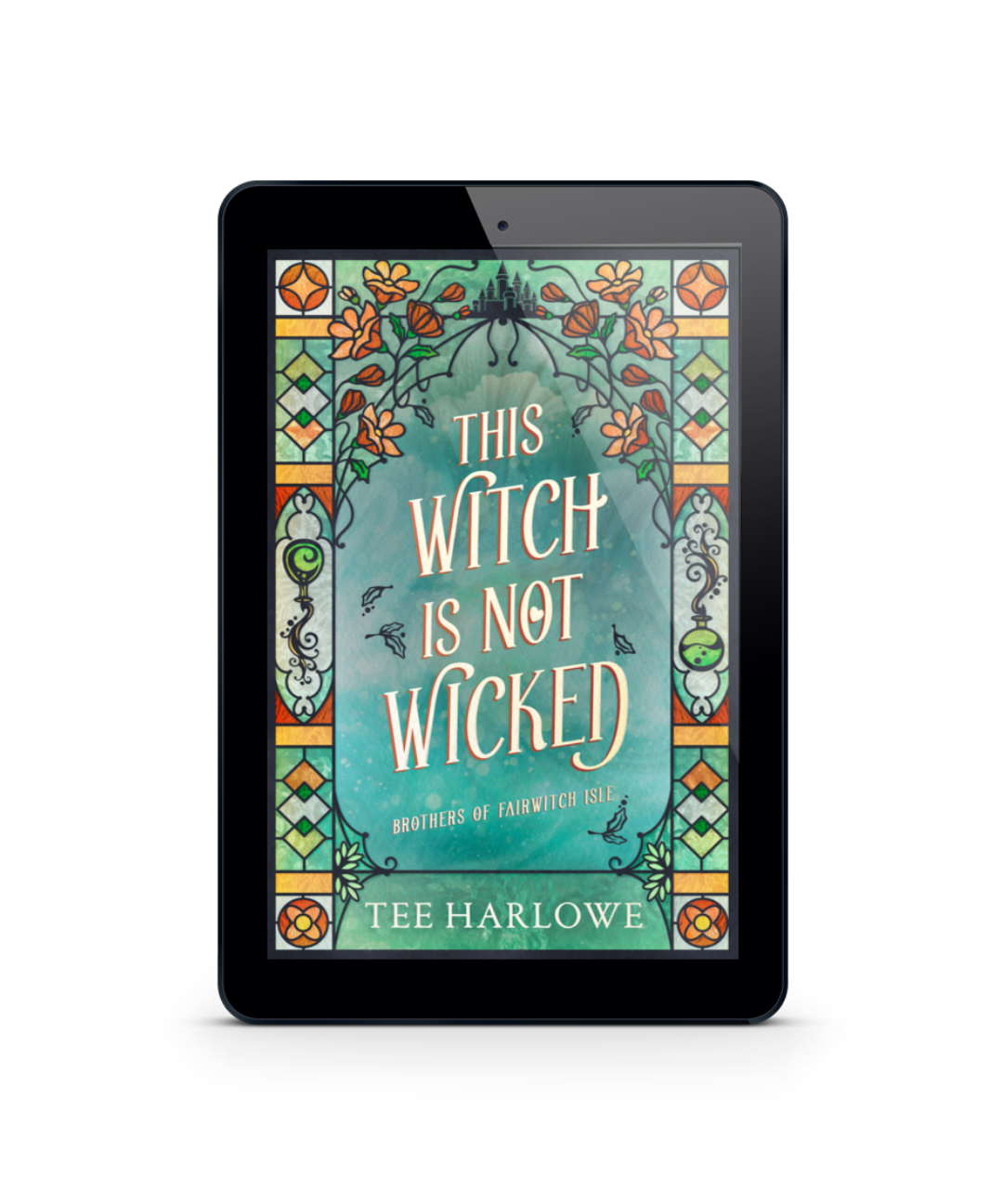 E-reader displaying the book cover of 'This Witch is Not Wicked' by Tee Harlowe on a white background