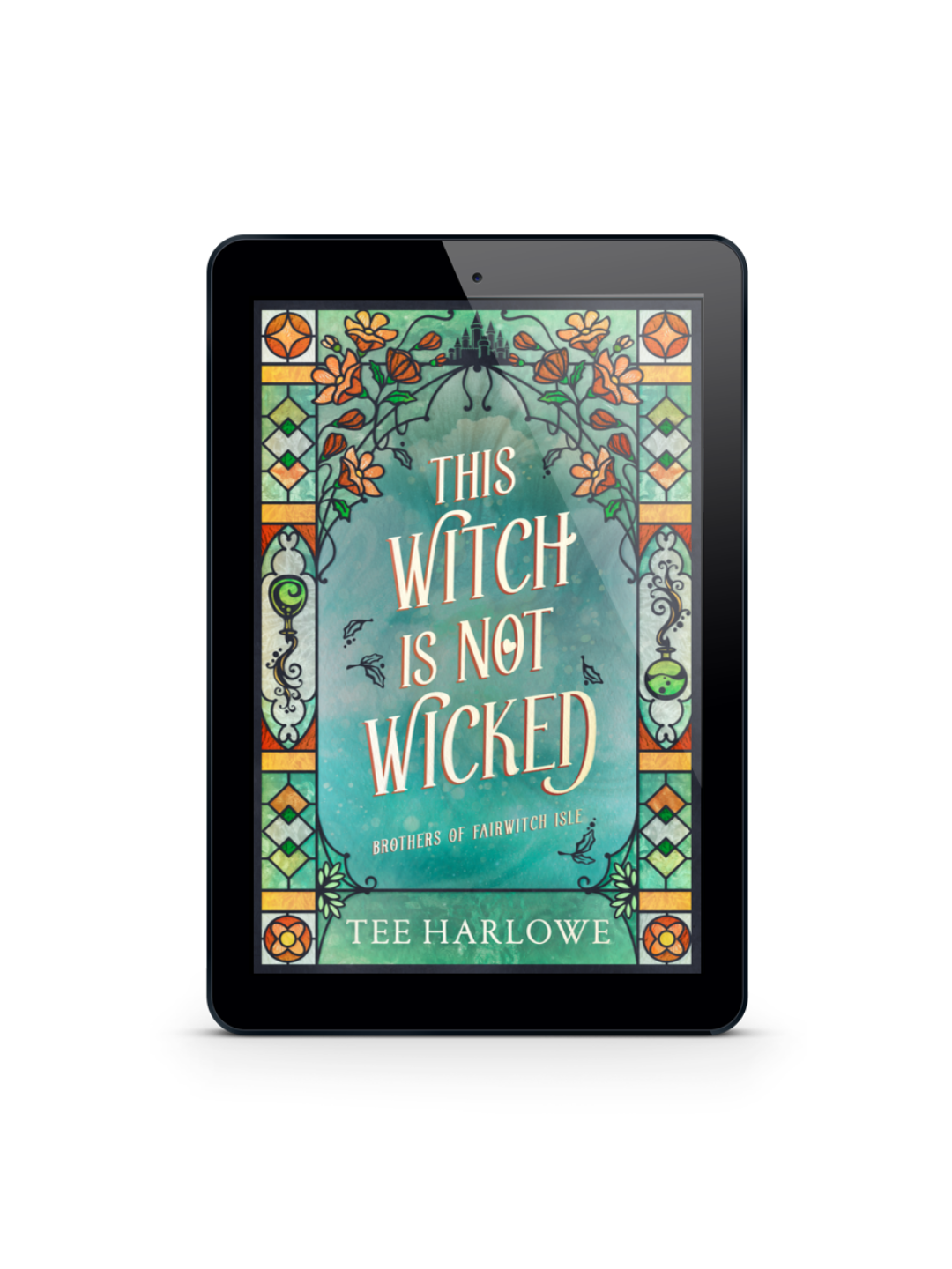 E-reader displaying the book cover of 'This Witch is Not Wicked' by Tee Harlowe on a white background