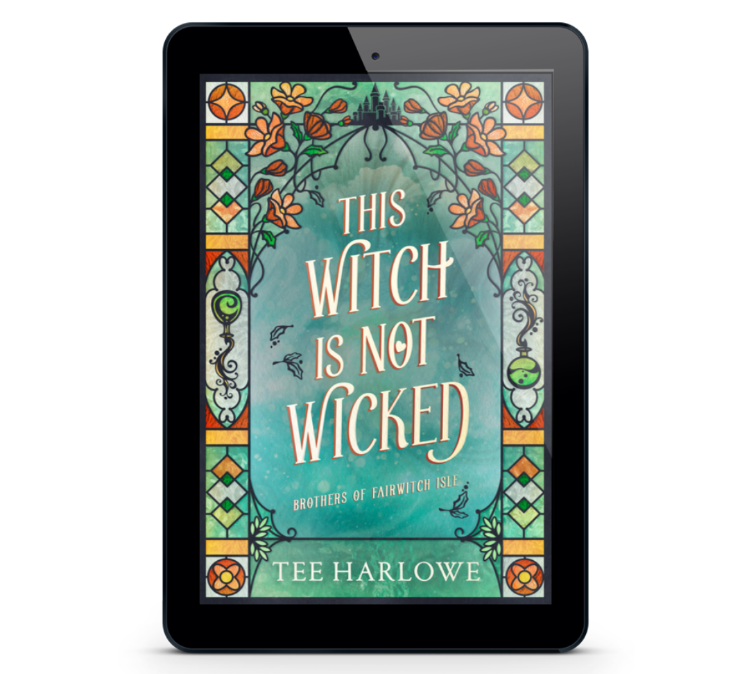 E-reader displaying the book cover of 'This Witch is Not Wicked' by Tee Harlowe on a white background