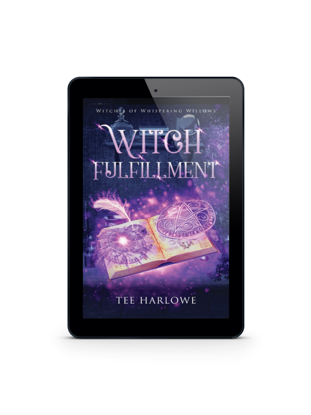 Ebook cover of 'Witch Fulfillment' on a tablet screen with a white background