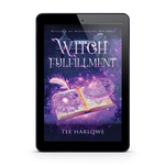 Ebook cover of 'Witch Fulfillment' on a tablet screen with a white background