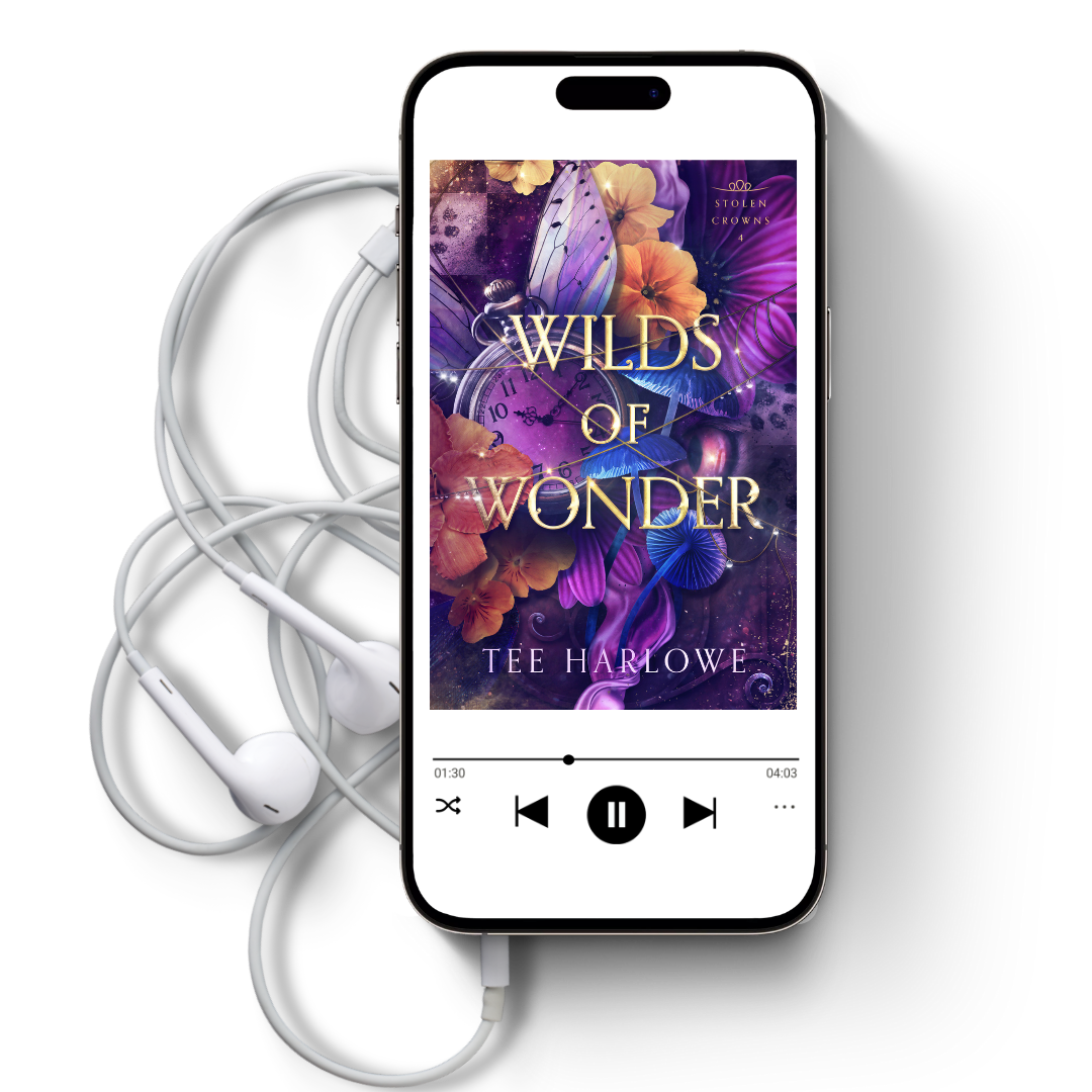 Phone displaying 'Wilds of Wonder' by Tee Harlowe with earphones on a white background