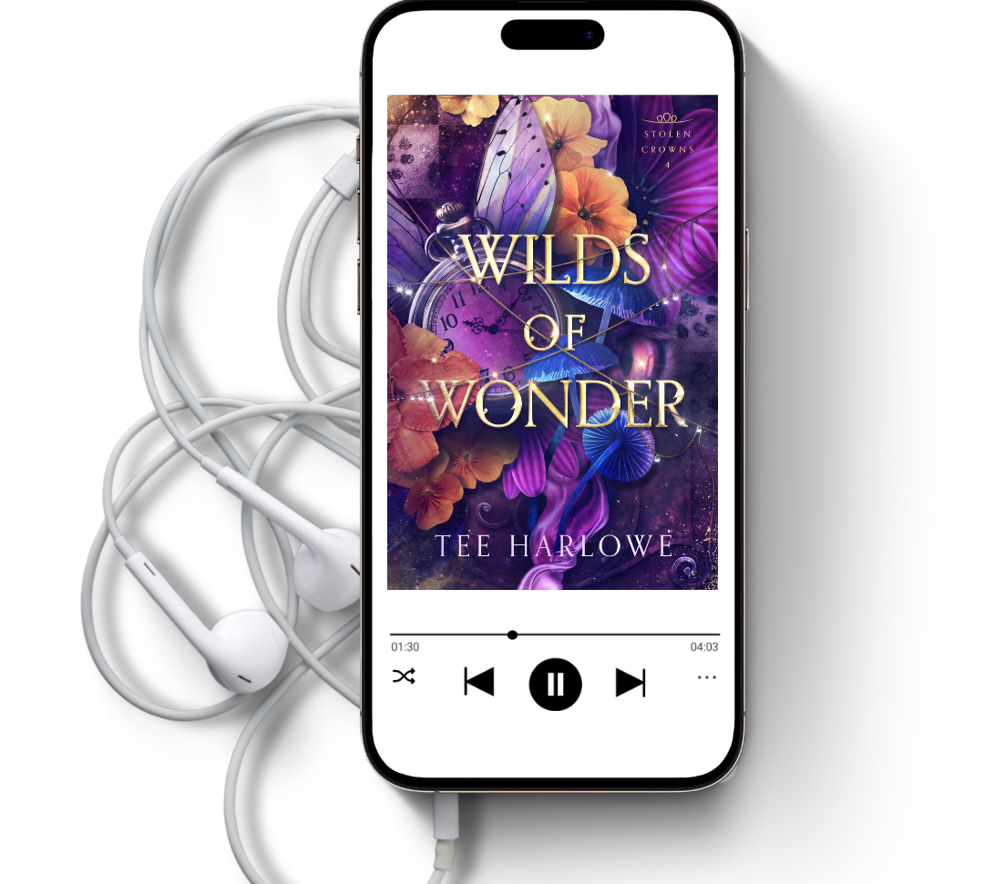 Phone displaying 'Wilds of Wonder' by Tee Harlowe with earphones on a white background