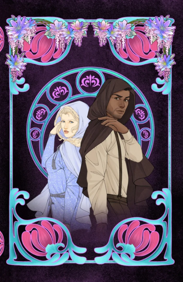 Two animated characters framed by decorative floral and geometric patterns on a dark background