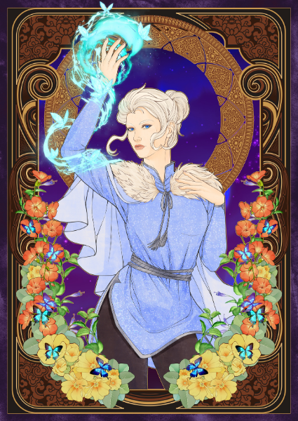 Fairy-like character with blue hair and outfit, surrounded by flowers and butterflies, in a decorative frame.