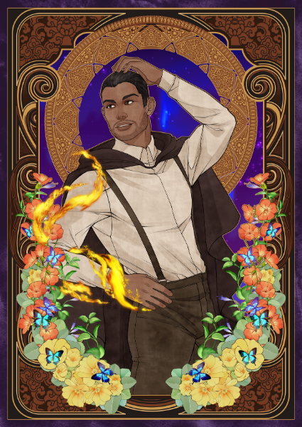 Illustration of a person with a decorative border featuring flowers and flames on a purple background.