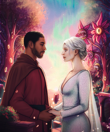 Two people standing close together in a fantastical, colorful setting with trees and flowers.