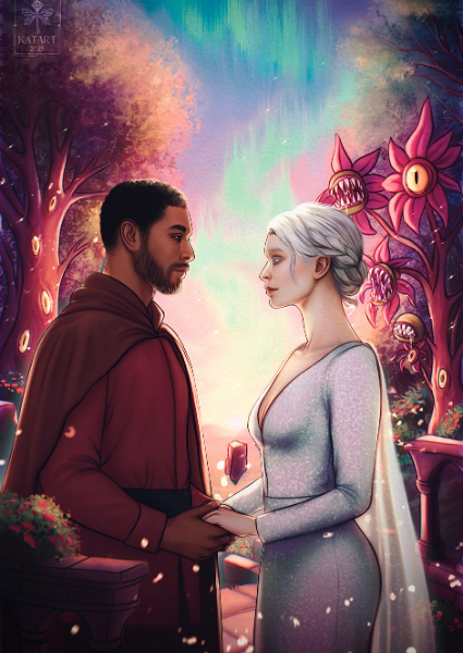 Two people standing close together in a fantastical, colorful setting with trees and flowers.