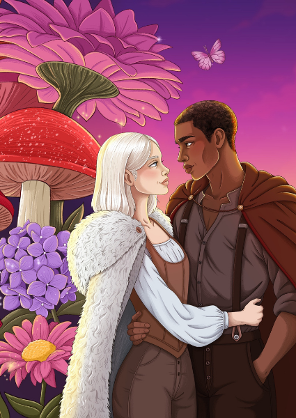 Two people embracing with a fantasy setting featuring mushrooms and flowers.