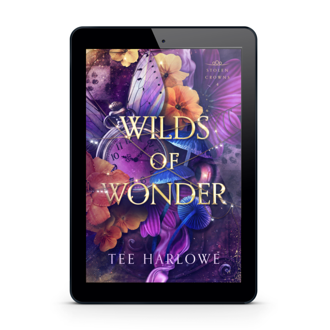 E-reader displaying the book cover of 'Wilds of Wonder' by Tee Harlowe on a white background