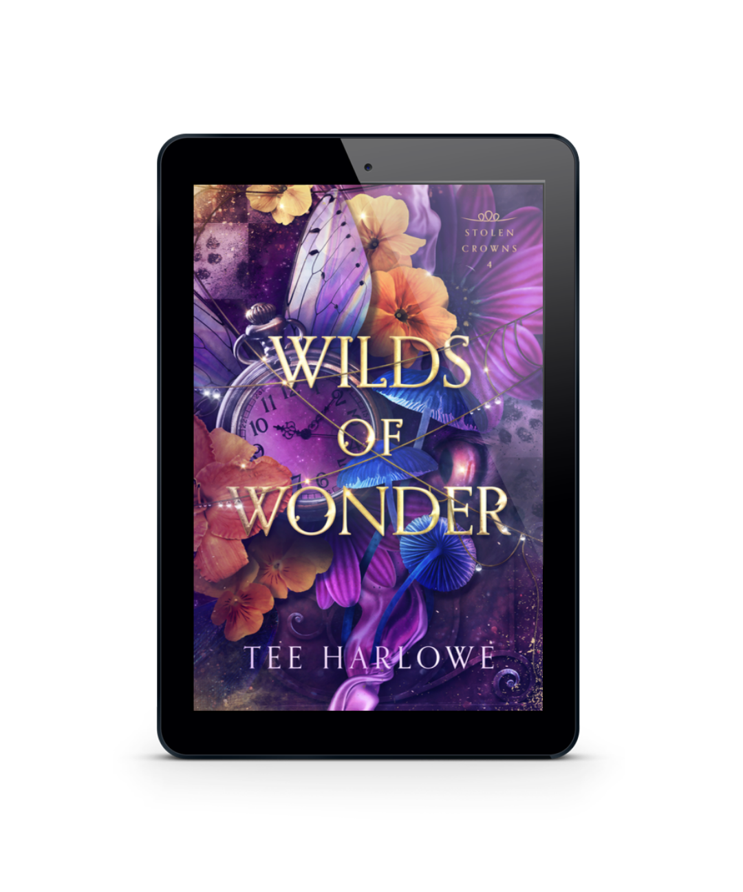 E-reader displaying the book cover of 'Wilds of Wonder' by Tee Harlowe on a white background