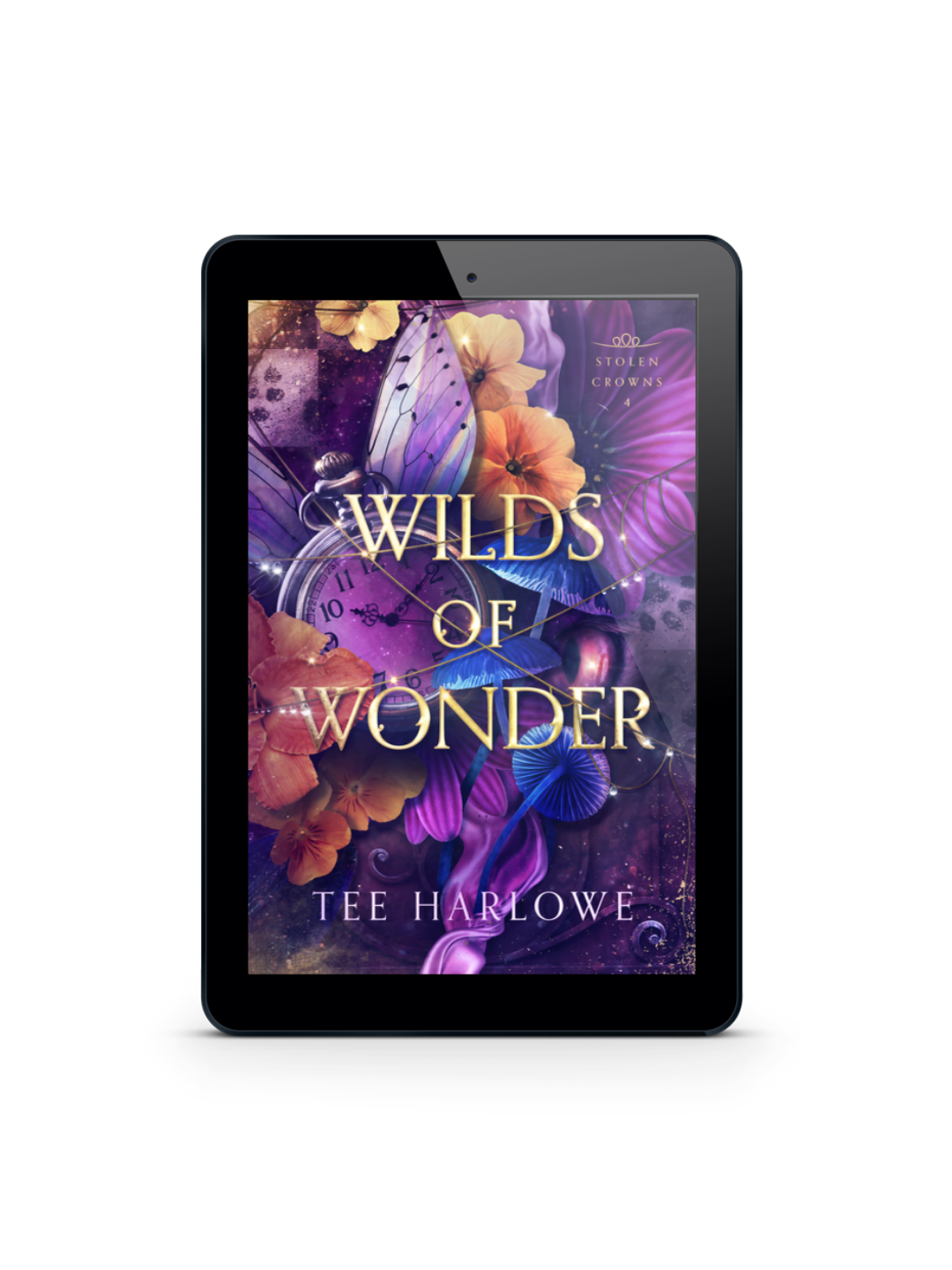 E-reader displaying the book cover of 'Wilds of Wonder' by Tee Harlowe on a white background