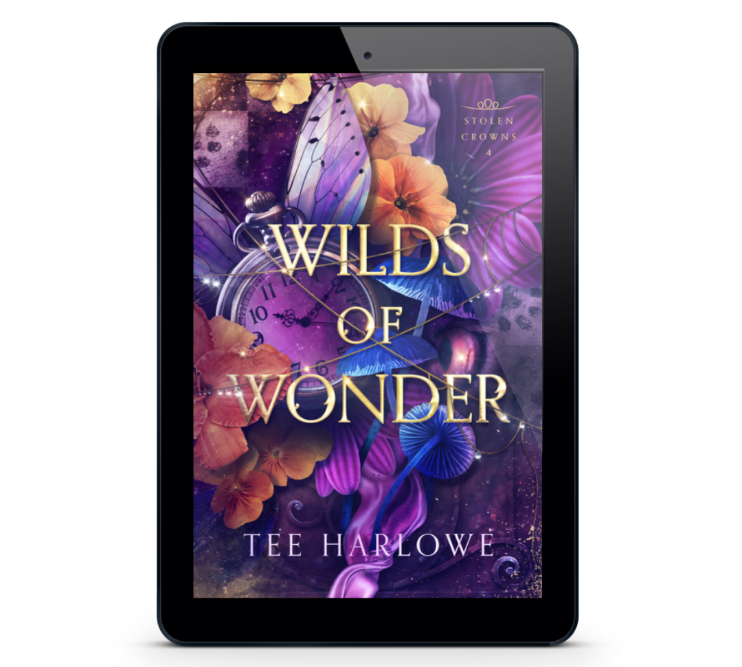E-reader displaying the book cover of 'Wilds of Wonder' by Tee Harlowe on a white background