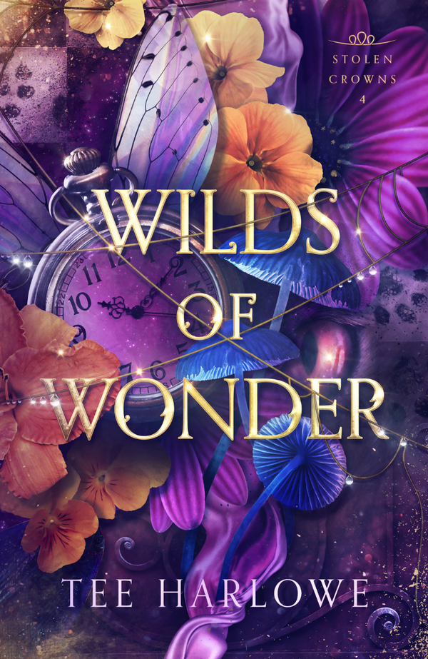 Book cover of 'Wilds of Wonder' with flowers, clocks, and butterflies.
