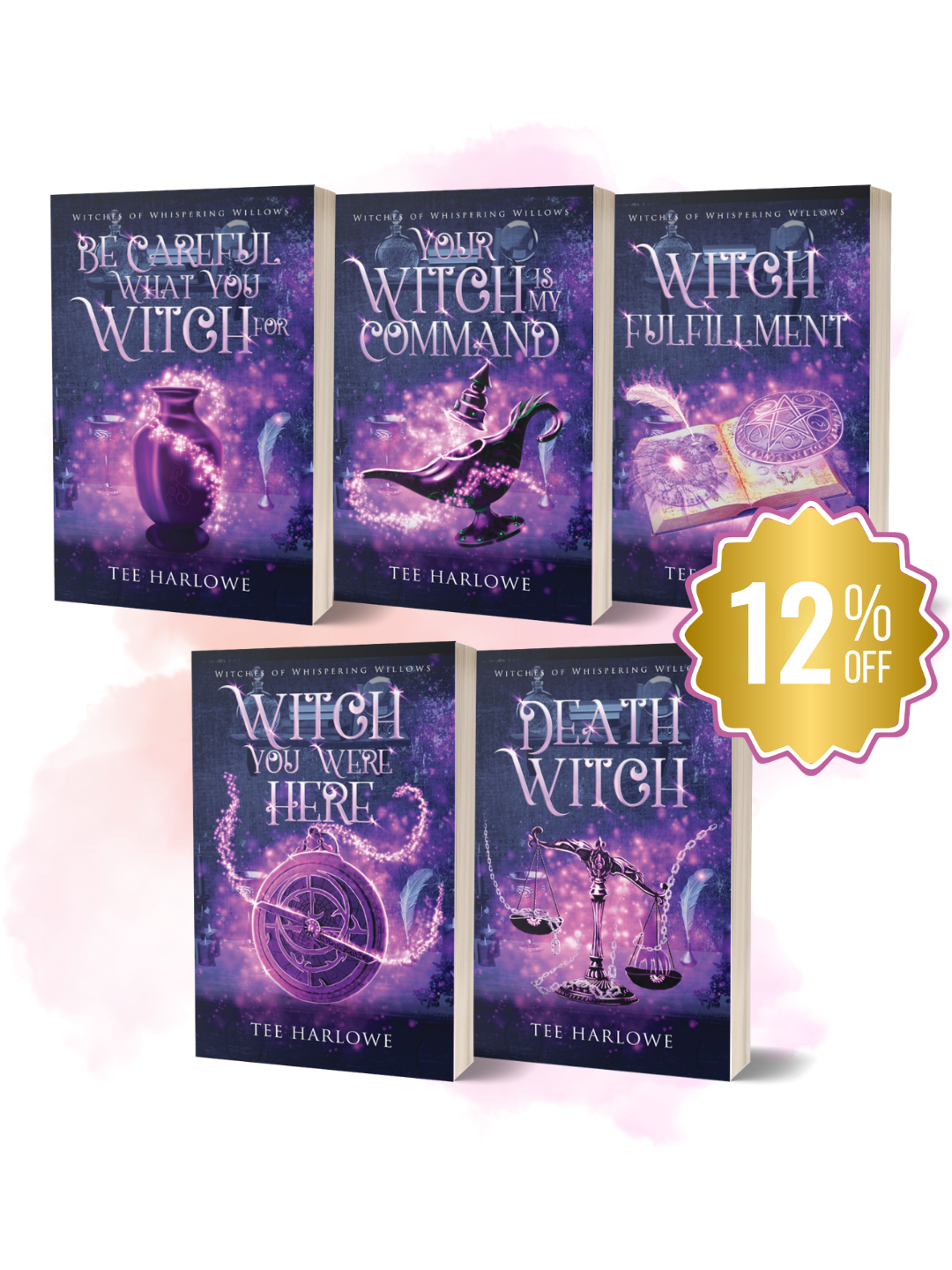 Five books from the 'Witches of Whispering Willows' series by Tee Harlowe with a discount badge on a white background.