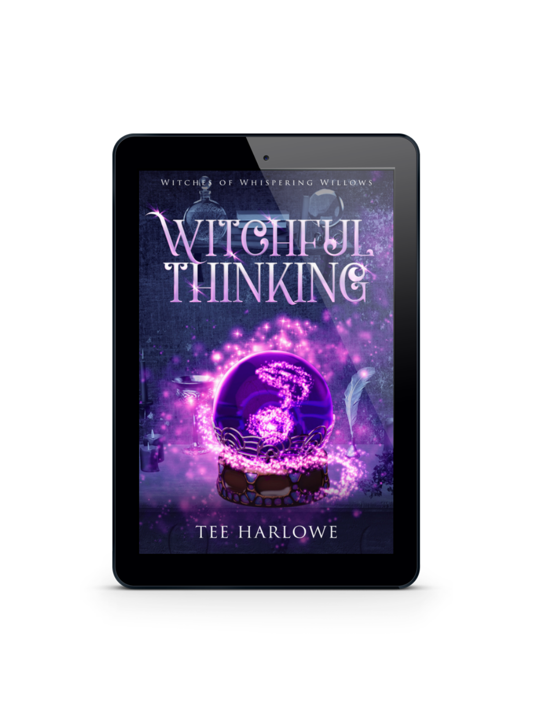 Ebook cover of 'Witchful Thinking' by Tee Harlowe on a tablet screen.