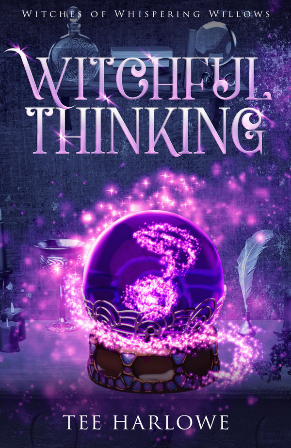 Book cover of 'Witchful Thinking' with a glowing crystal ball and mystical elements.