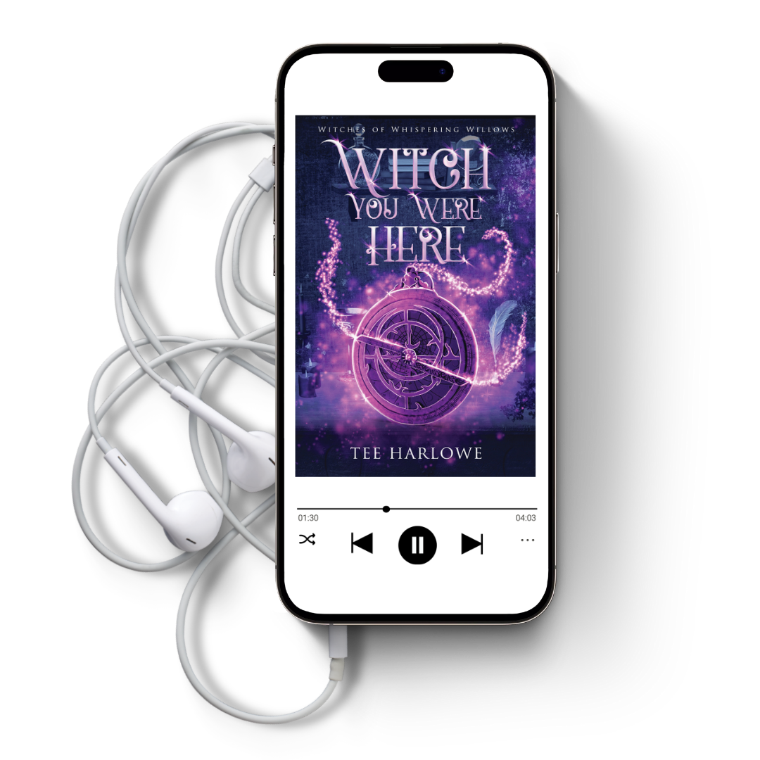 Phone displaying an audiobook cover with headphones on a white background