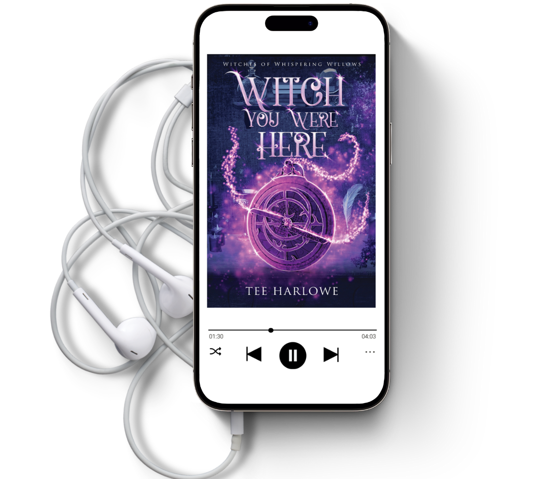 Phone displaying an audiobook cover with headphones on a white background