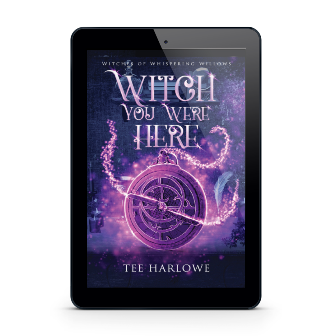 Ebook cover of 'Witch You Were Here' by Tee Harlowe on a tablet screen.