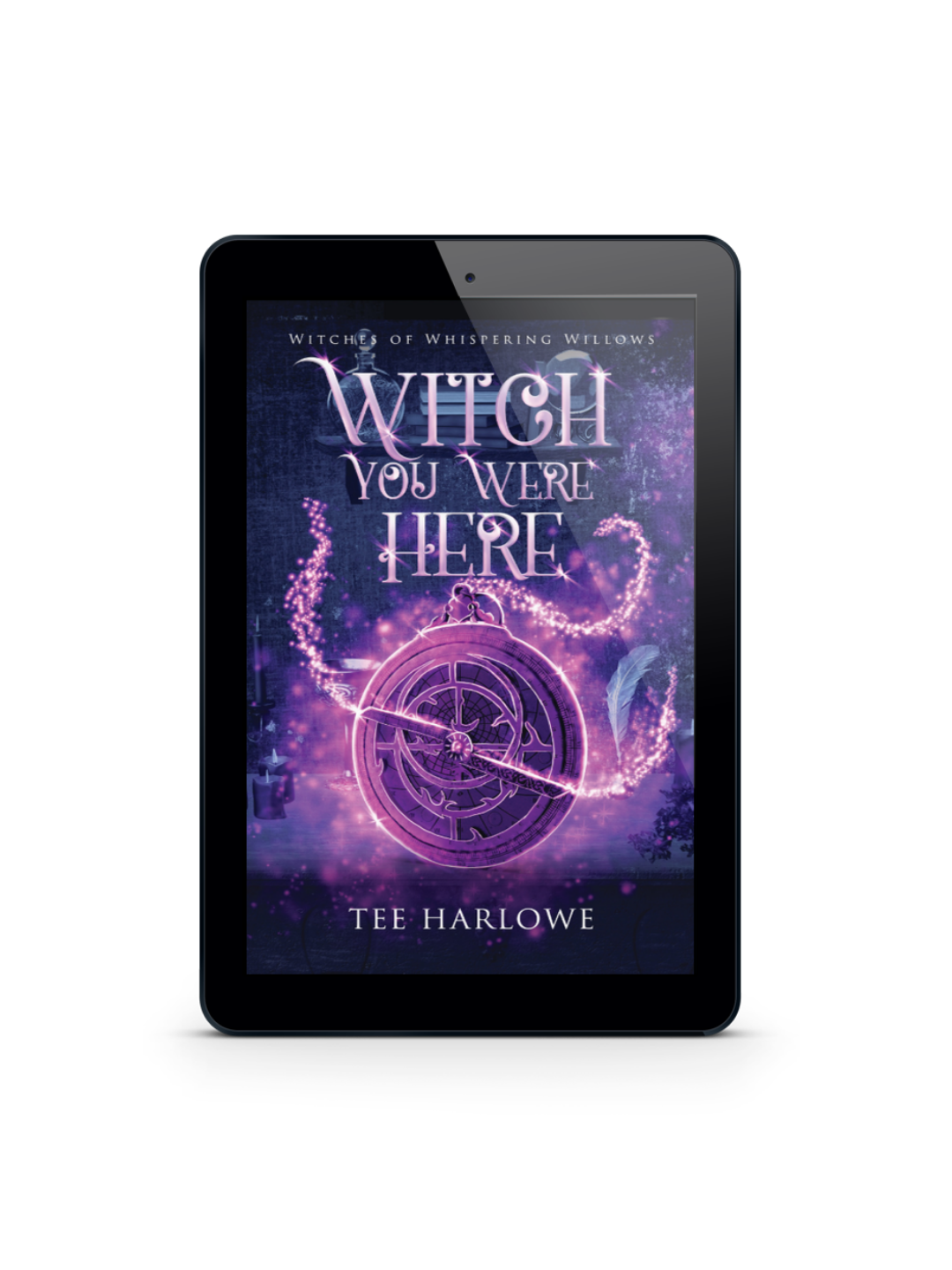 Ebook cover of 'Witch You Were Here' by Tee Harlowe on a tablet screen.