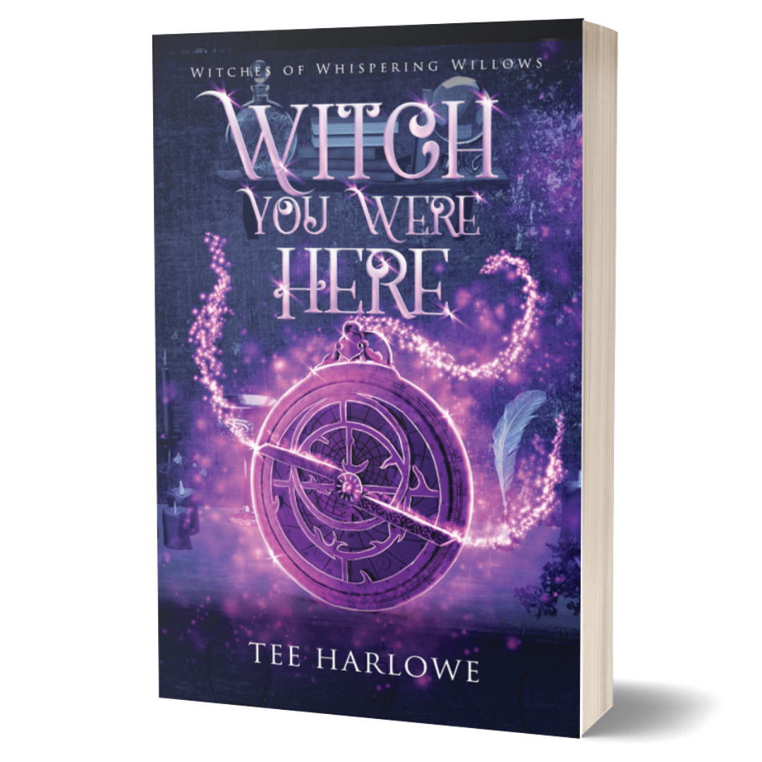 Book cover of 'Witch You Were Here' by Tee Harlowe with a purple and pink design.