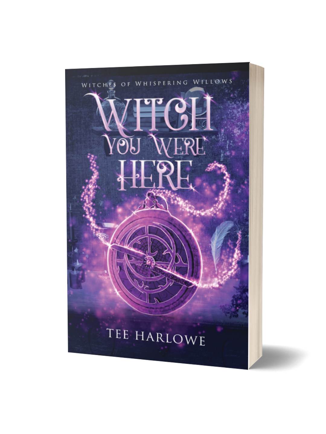 Book cover of 'Witch You Were Here' by Tee Harlowe with a purple and pink design.