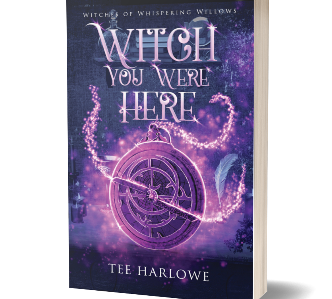 Book cover of 'Witch You Were Here' by Tee Harlowe with a purple and pink design.