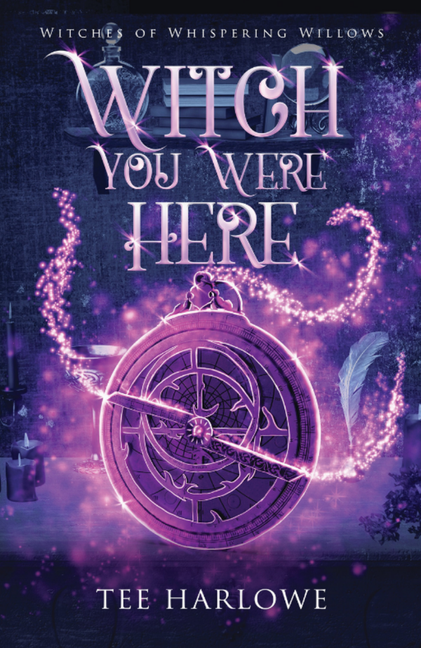 Book cover of 'Witch You Were Here' with a purple witch hat, pocket watch, and mystical elements.