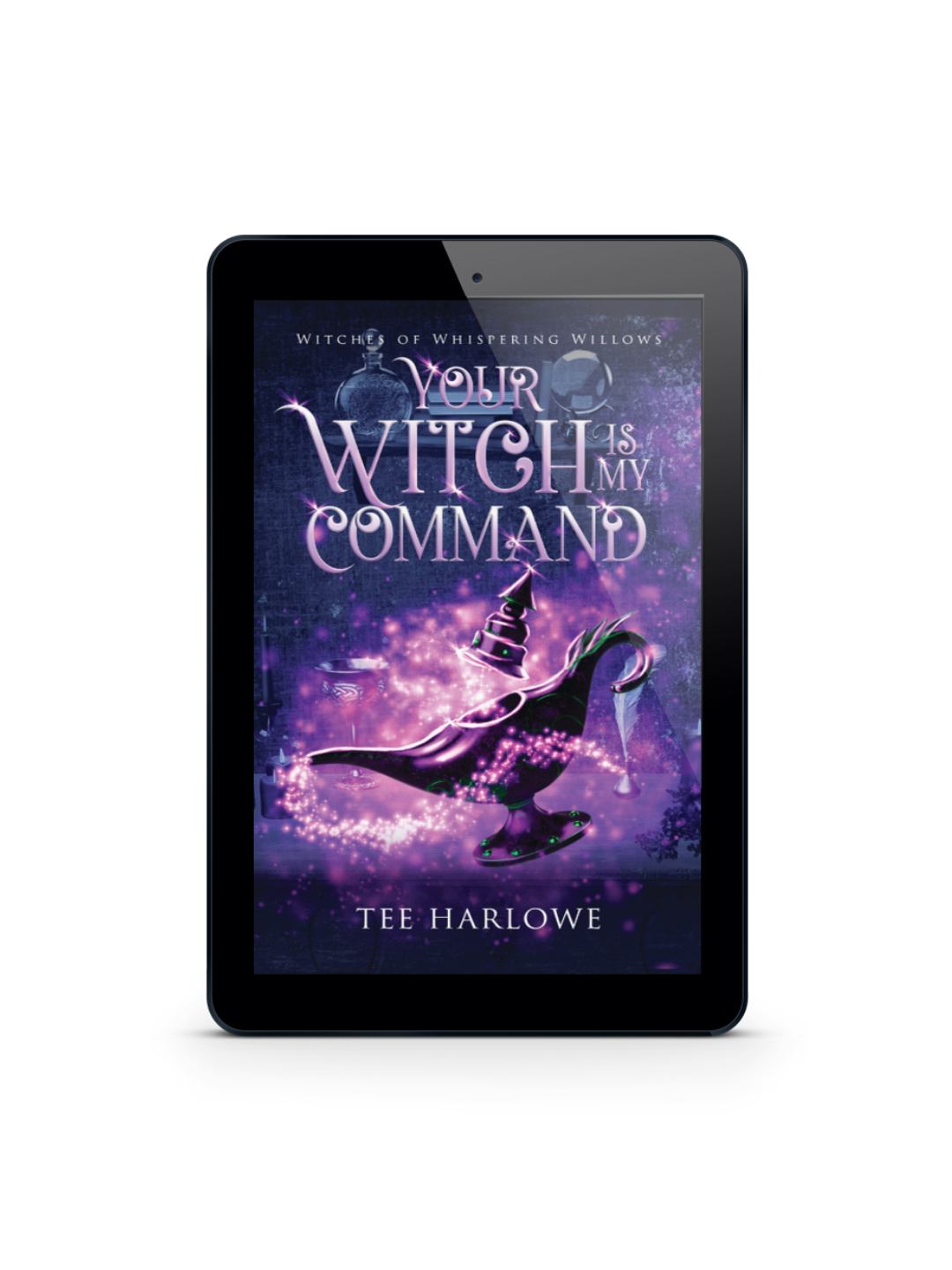 E-reader displaying the book cover 'Your Witch is My Command' by Tee Harlowe on a white background