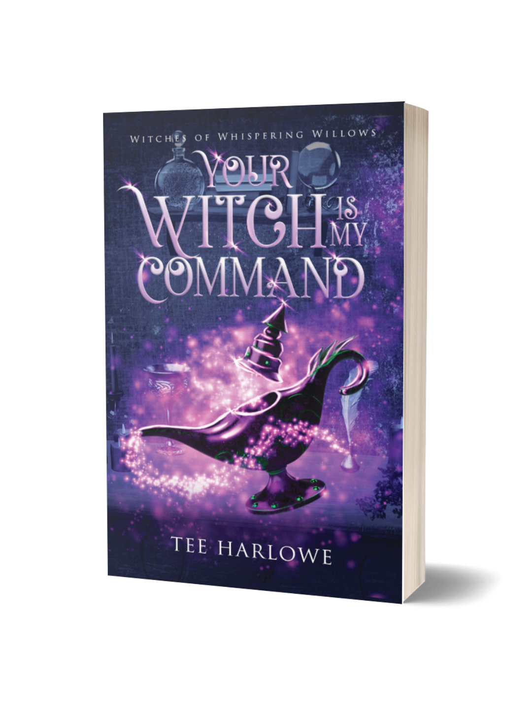 Book titled 'Your Witch is My Command' by Tee Harlowe with a purple cover featuring a witch and broom.