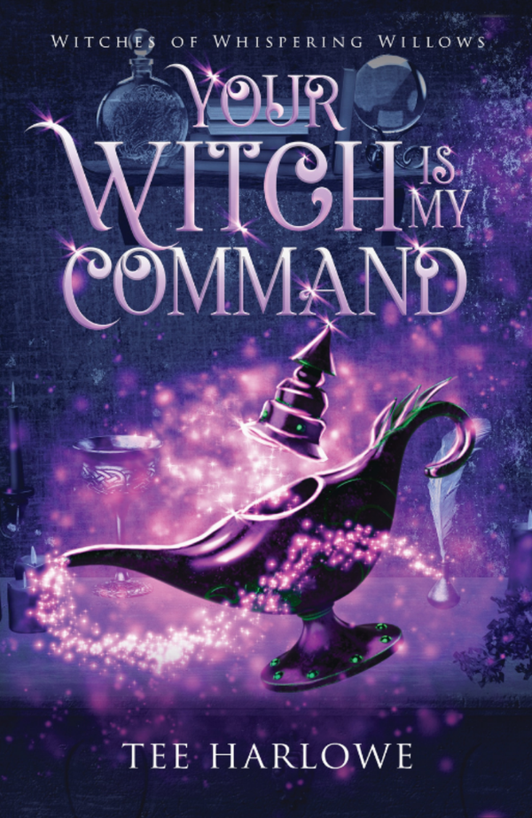 Book cover of 'Your Witch is My Command' with a witch hat and potion book on a purple background.